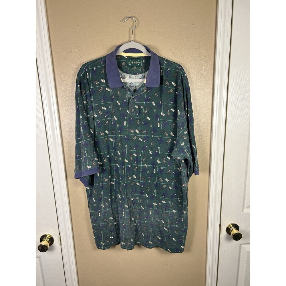 Vintage Arrow Golf Polo Shirt 2XL Mens Green Golfer All Over Print 90s Dad Flaws